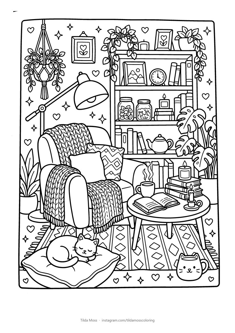 Preview of the free colouring page: a cosy reading nook with an armchair, bookshelves, plants and a sleeping cat, drawn in clean black outlines.